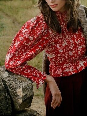 Doen Women's Heloise Oak Bluffs Floral Printed Pin Tucked Blouse Top S